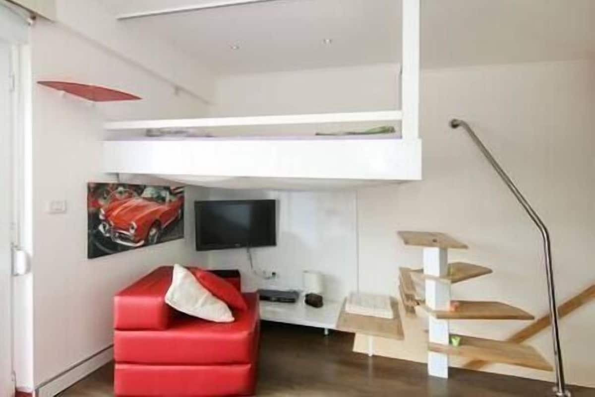 A compact living space with a loft bed, a red sofa, a flat-screen TV, and a wooden bookshelf.