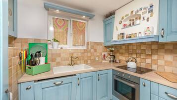 Apartment (A1) | Private kitchen | Fridge, microwave, oven, stovetop