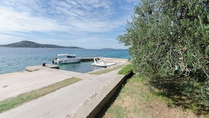 Un port de plaisance avec des bateaux amarrés, une promenade en béton et un olivier touffu sur la droite.