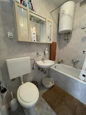 Ein Badezimmer mit Toilette, Waschbecken, Badewanne und einem Spiegelkorpus.