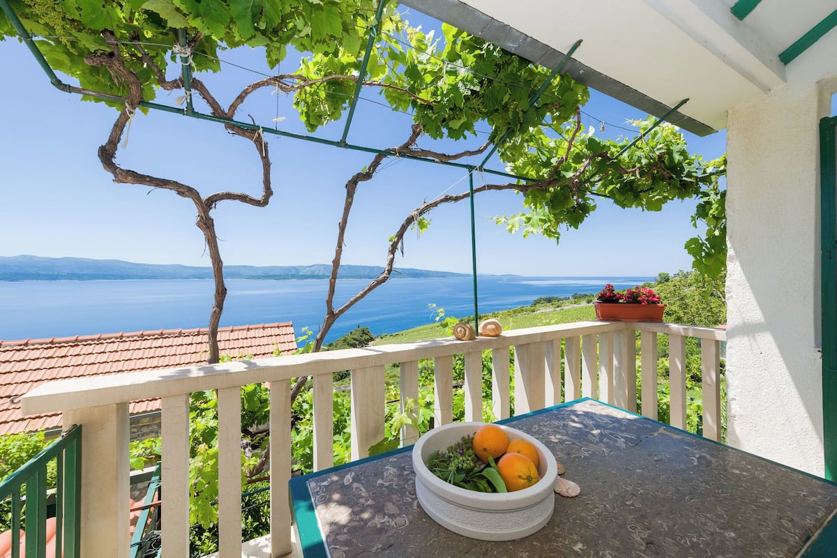 Un balcon donnant sur la mer, une table avec un saladier de fruits et une plante en pot.