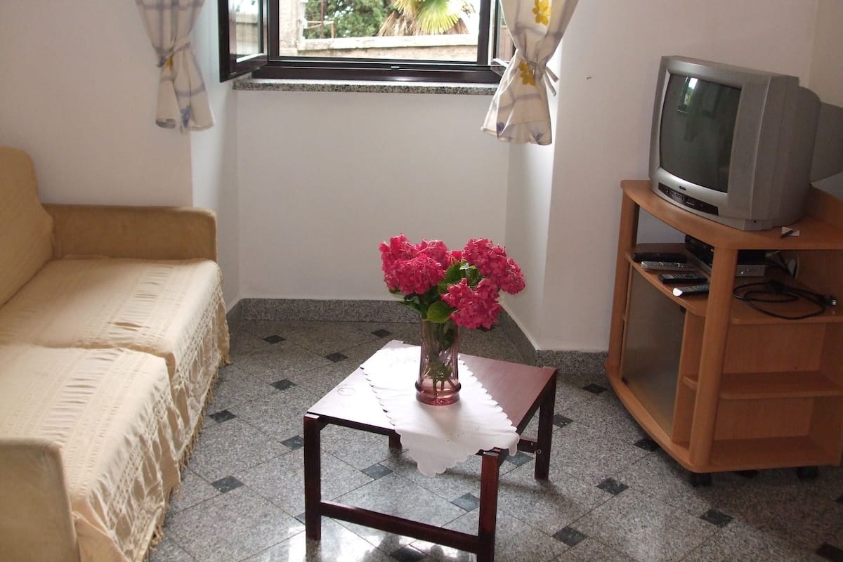 A room with a sofa, a small table with a vase of flowers, a television on a wooden stand, and a window with curtains.