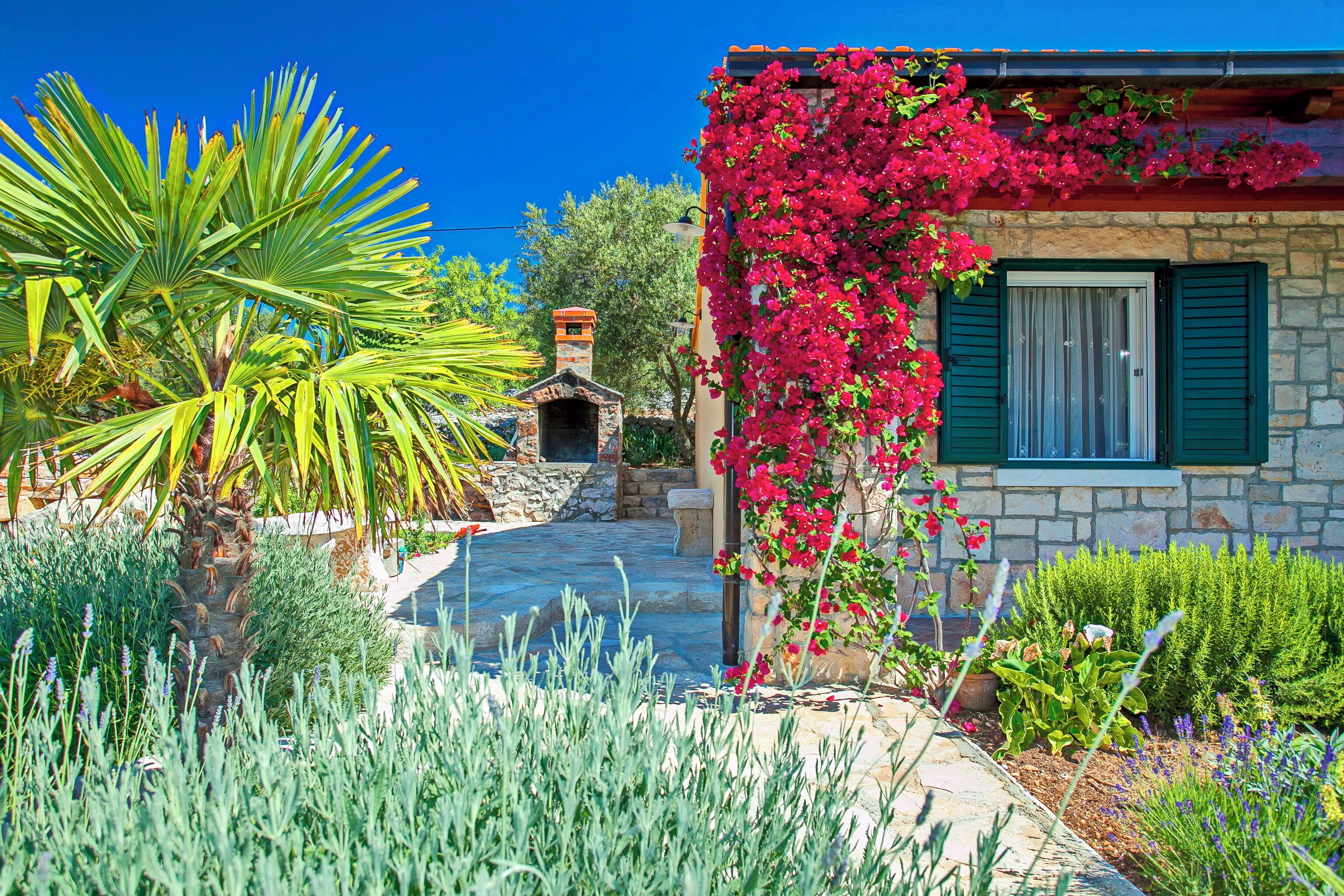 Un edificio de piedra con contraventanas verdes, una chimenea de piedra y un jardín con diversas plantas y una palmera.