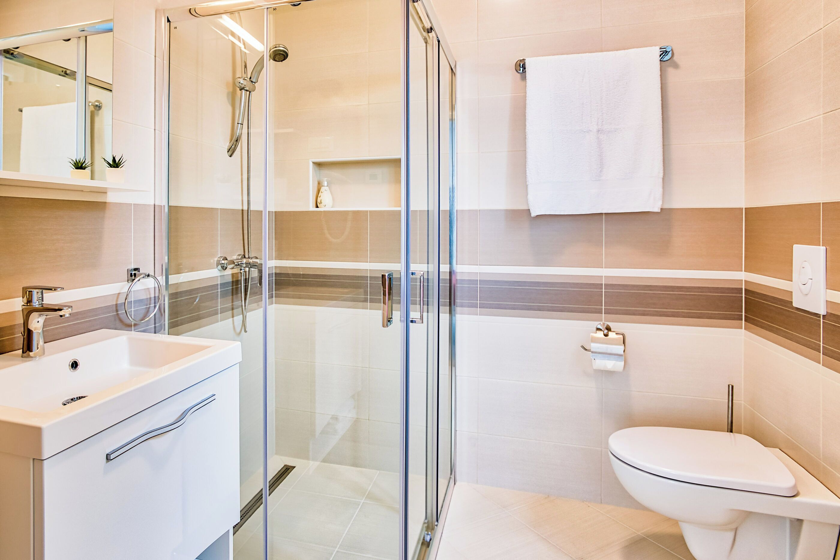 Une salle de bain moderne avec une douche à parois de verre, un lavabo blanc et des toilettes.