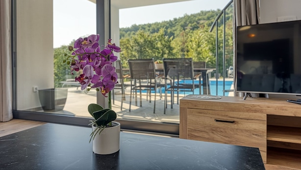Ein modernes Zimmer mit Fernseher, Schreibtisch aus Holz, einer Topforchidee und Blick auf Pool und Grünfläche.