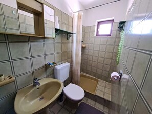 Ein kleines Badezimmer mit Waschbecken, Toilette und Duschbereich.