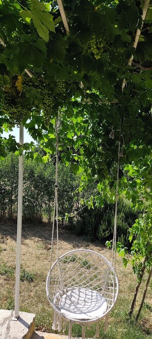 A white swing chair hanging from a tree, surrounded by greenery and a stone structure. - House Stone Curlew 6 (Benkovac)