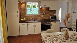 Cozinha compacta com pia, fogão, micro-ondas e armários.