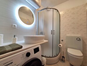 Une salle de bain moderne équipée d’un lave-linge intégré, de toilettes et d’une douche à parois de verre.