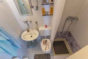 A bathroom with a toilet, sink, shower, and a pet bed. - House Gioia Cristina (Labin)