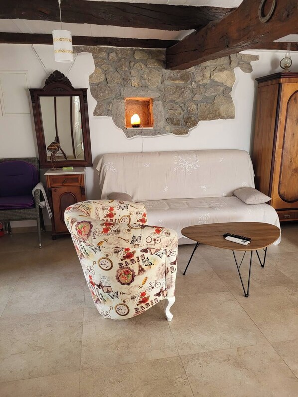 A cozy living room with a sofa, a patterned armchair, a wooden coffee table, and a stone wall with a built-in light. - Apartment Balidur (Buzet)