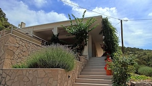 A staircase leading to a modern building with stone walls and greenery. - House Peacefull Relax (Jelsa)