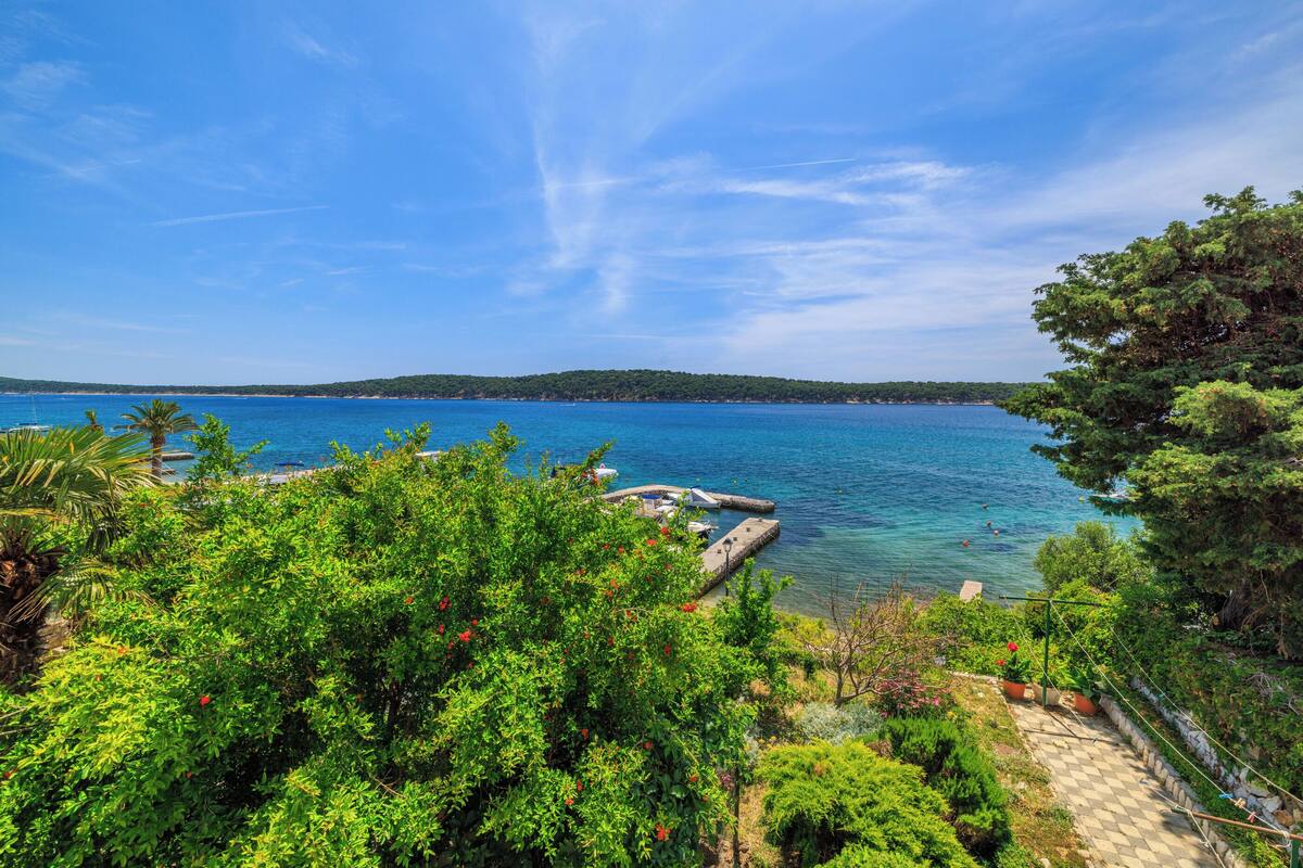 Une vue sur la côte, avec une eau d’un bleu limpide, un quai et une végétation luxuriante.