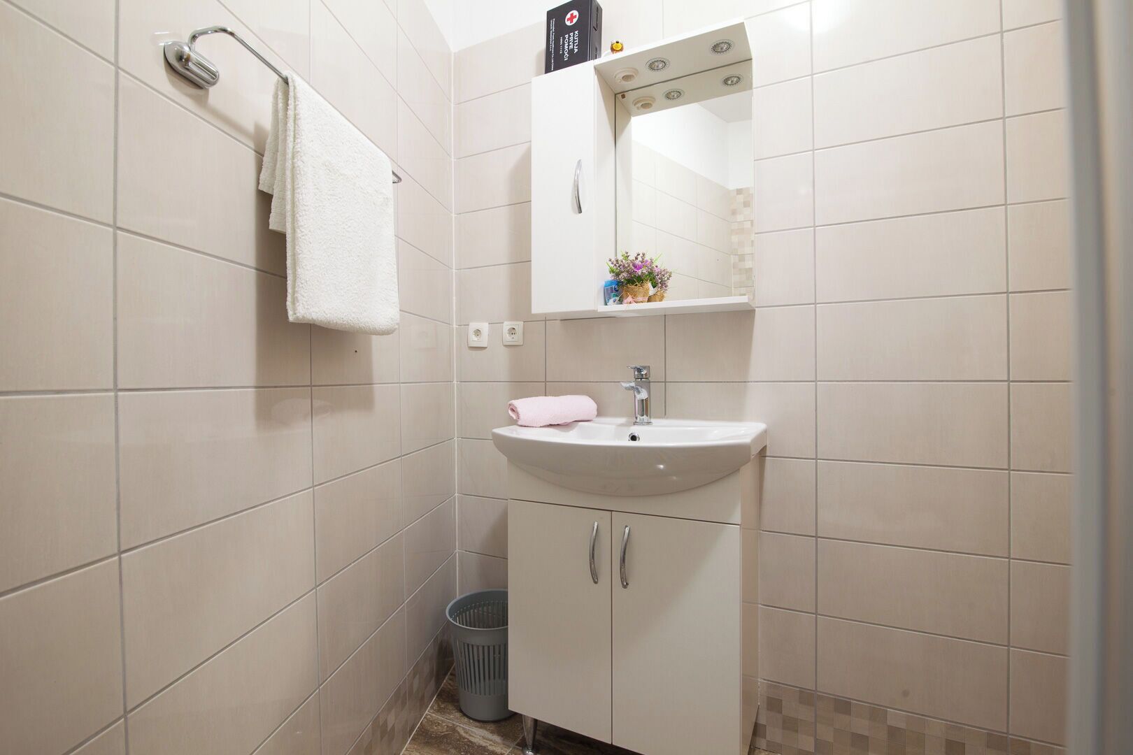 A small bathroom with a white sink, a mirror above it, and a shower area.