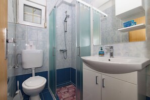 Casa de banho com sanita, chuveiro, lavatório e espelho.