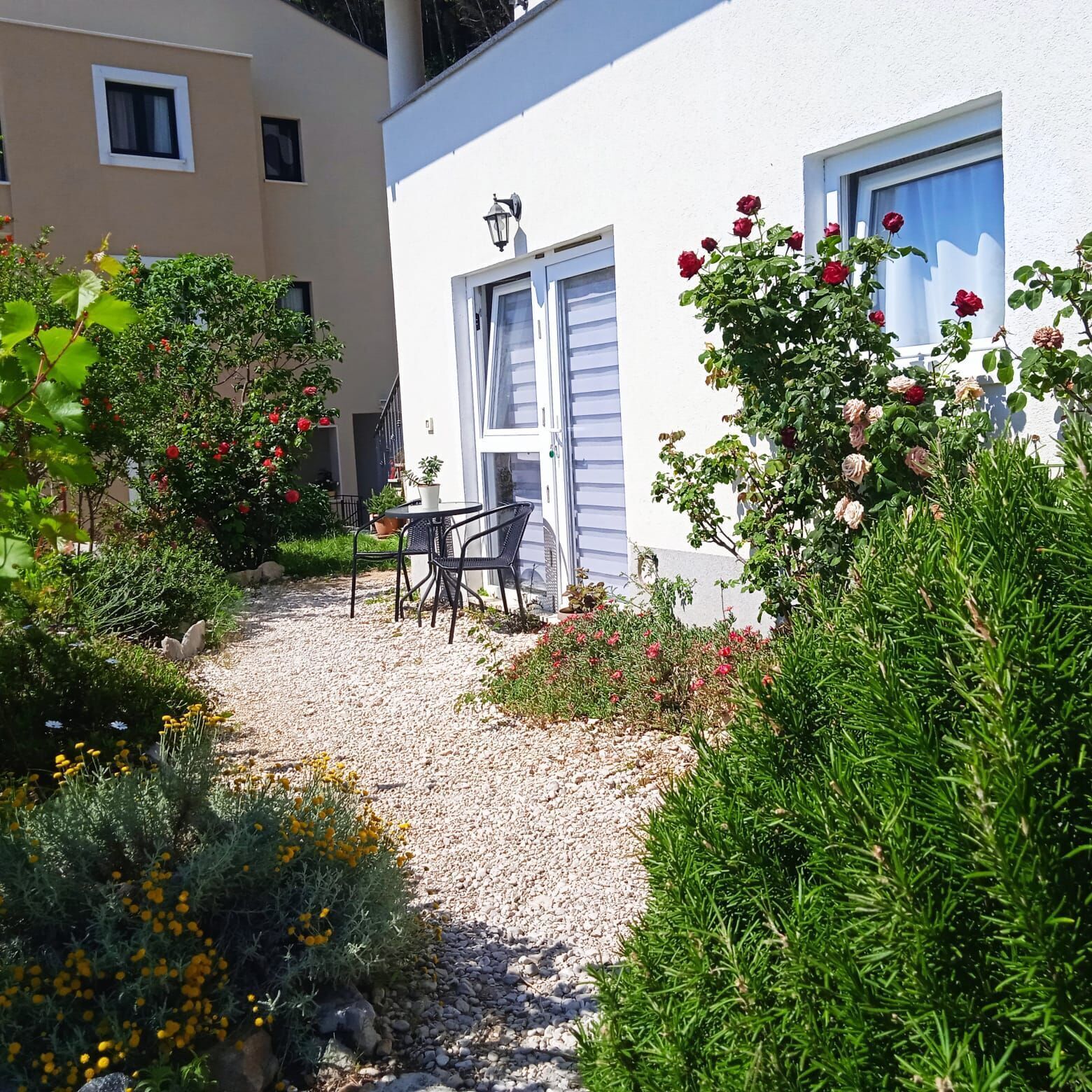Un espace jardin aménagé avec un chemin de gravier, une table et des chaises, et une plante en pot.