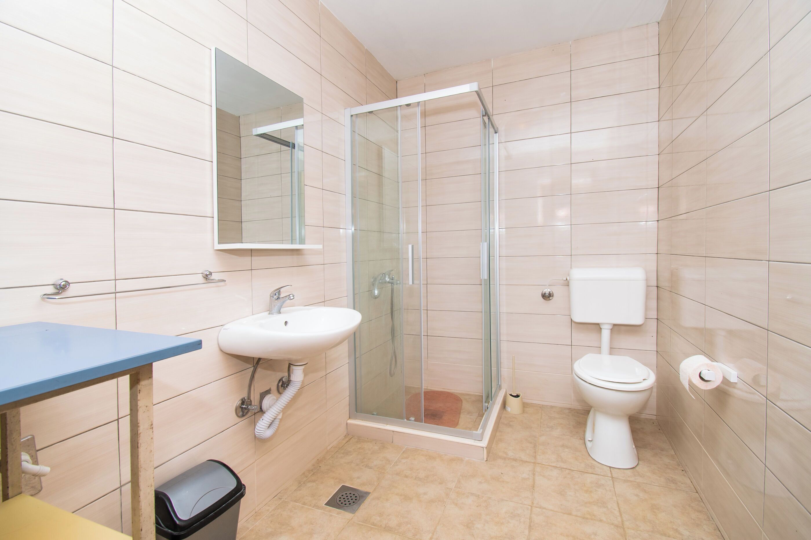 A bathroom with a sink, toilet, shower, and mirror.
