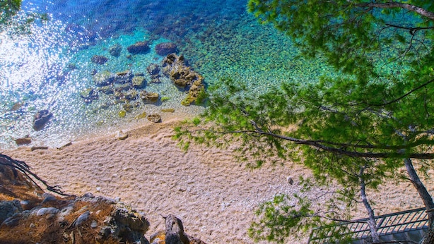 Una spiaggia con acque cristalline, rocce e un albero sullo sfondo.