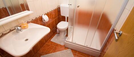 A bathroom with a sink, toilet, and shower.