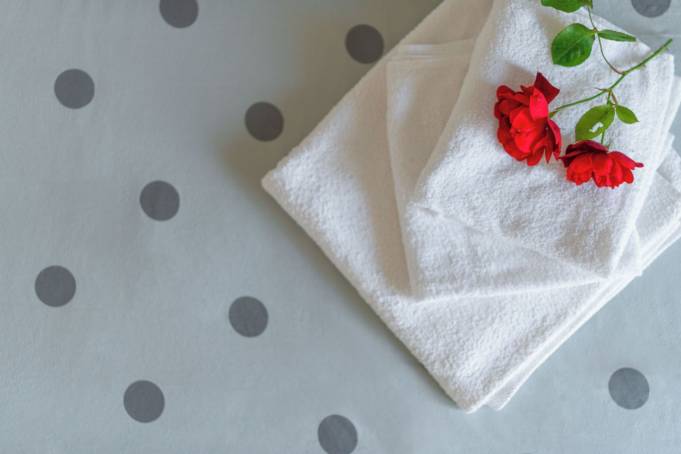 A white towel with two red roses on a polka dot surface.