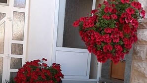 A staircase leading to a door with a window, surrounded by red flowers and a potted plant. - Apartments Jopa (Vodice)