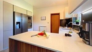 Une cuisine moderne dotée d’appareils électroménagers en acier inoxydable, d’un îlot central en bois et d’une petite plante en pot.