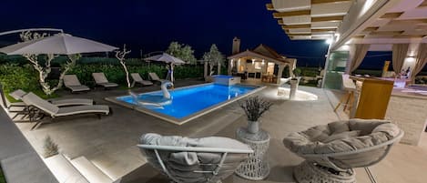 Outdoor pool, a heated pool, pool umbrellas