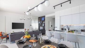 Villa | Private kitchen | Fridge, microwave, oven, stovetop