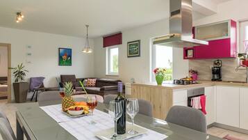 Villa | Private kitchen | Fridge, microwave, oven, stovetop