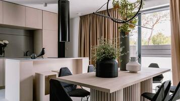 Villa | Private kitchen | Fridge, microwave, oven, stovetop