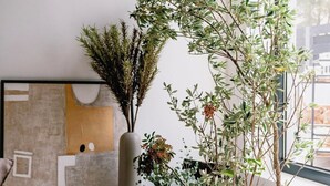 A modern living room with a large window, a flat-screen TV, and various potted plants. - Villa Chic (Vodice)