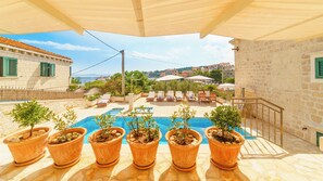 A rooftop pool area with lounge chairs and potted plants.