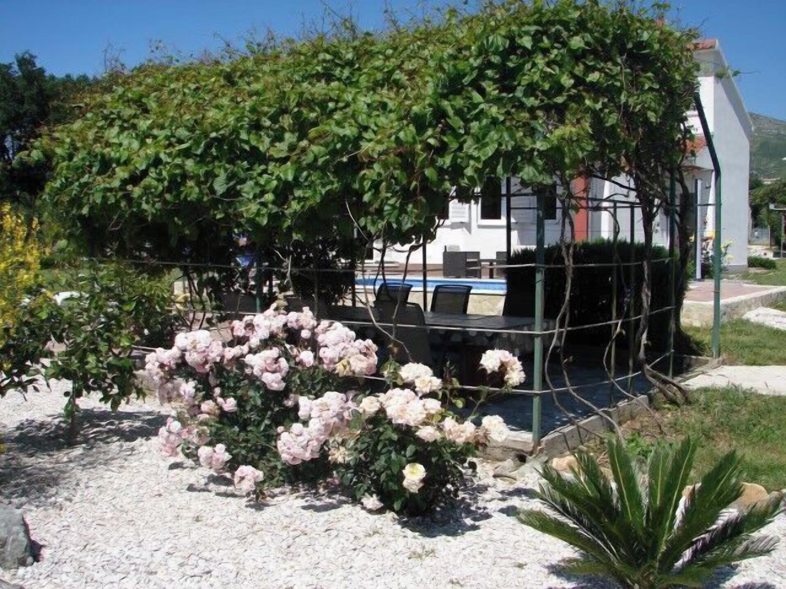 Een tuin met een pergola begroeid met klimplanten, een zitgedeelte met tafels en stoelen, en een wit gebouw op de achtergrond.