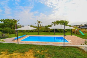Outdoor pool, a heated pool, open open 24 hours, pool umbrellas