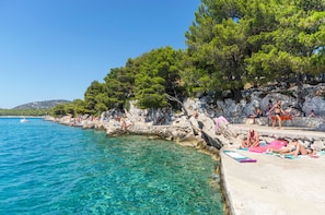 A coastal area with clear water, rocky cliffs, and trees. - Apartments Marina View (Tribunj)