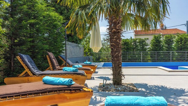 A poolside area with sun loungers, towels, and a palm tree. - Villa Mayer (Crikvenica)