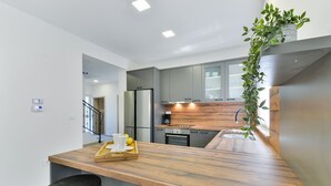 Una cocina moderna con una isla de madera, electrodomésticos de acero inoxidable y una planta colgante.