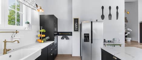 Villa | Private kitchen | Fridge, microwave, oven, stovetop