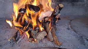 Eine Glasbowl mit mehreren Fischen vor einem Kamin.