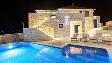 Outdoor pool, a heated pool, open open 24 hours, pool umbrellas