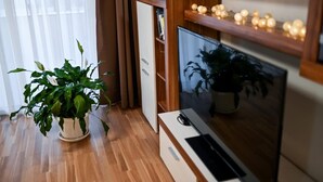 A modern living room with a wooden floor, a large flat-screen TV, a built-in shelf with decorative lights, and two potted plants. - Villa Benedicta (Pakostane)