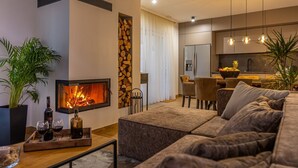 Ein modernes Wohnzimmer mit Kamin, einer Couch, einem Couchtisch und einem Essbereich mit Stühlen und Tisch.