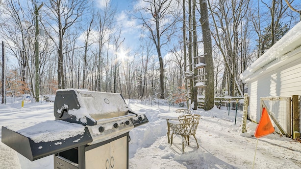 Un área de parrilla al aire libre cubierta de nieve, con una mesa y sillas, rodeada de árboles y una casa.
