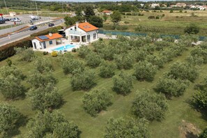 A house with a swimming pool, surrounded by a well-maintained garden and olive trees. - Sea View Villa Maria With Pool (Medulin)