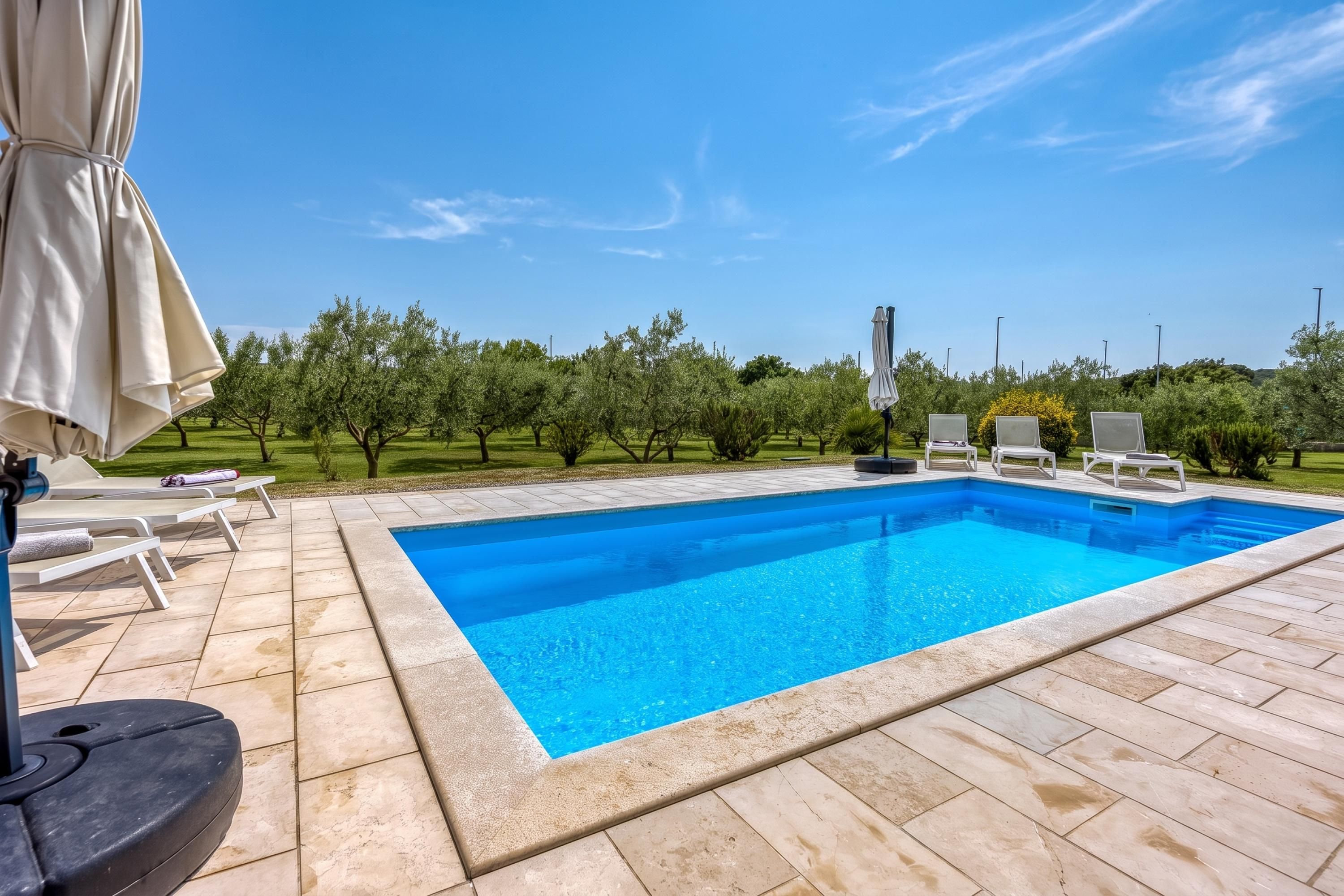 Una piscina rectangular con solárium alicatado, rodeada de sillas de descanso y sombrillas, con árboles y un cielo despejado de fondo.