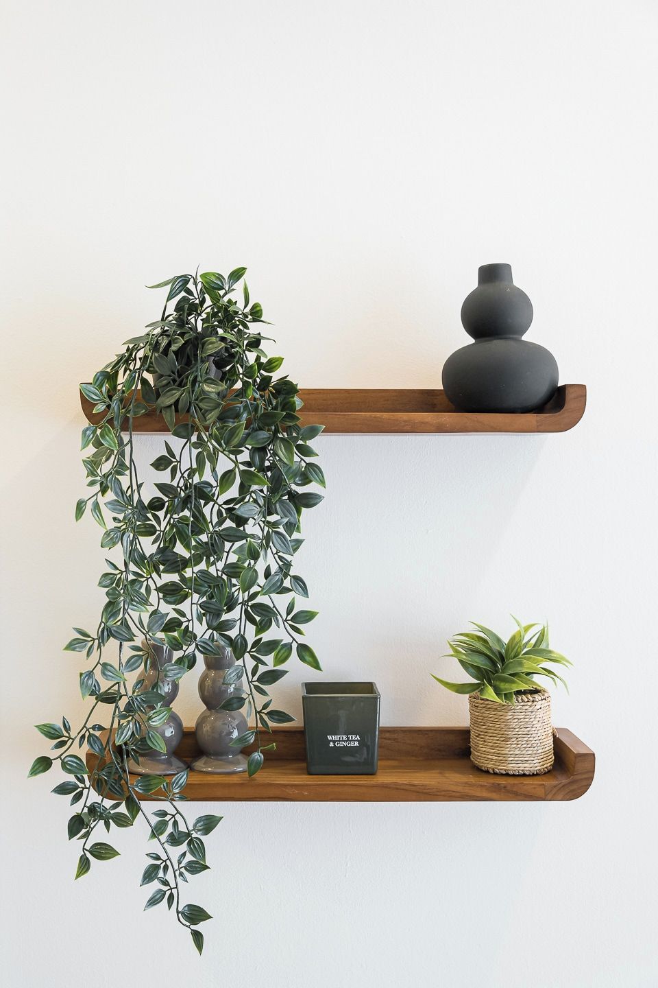 Dos estantes de madera con adornos, incluyendo una planta colgante, un florero negro y una planta pequeña en maceta.