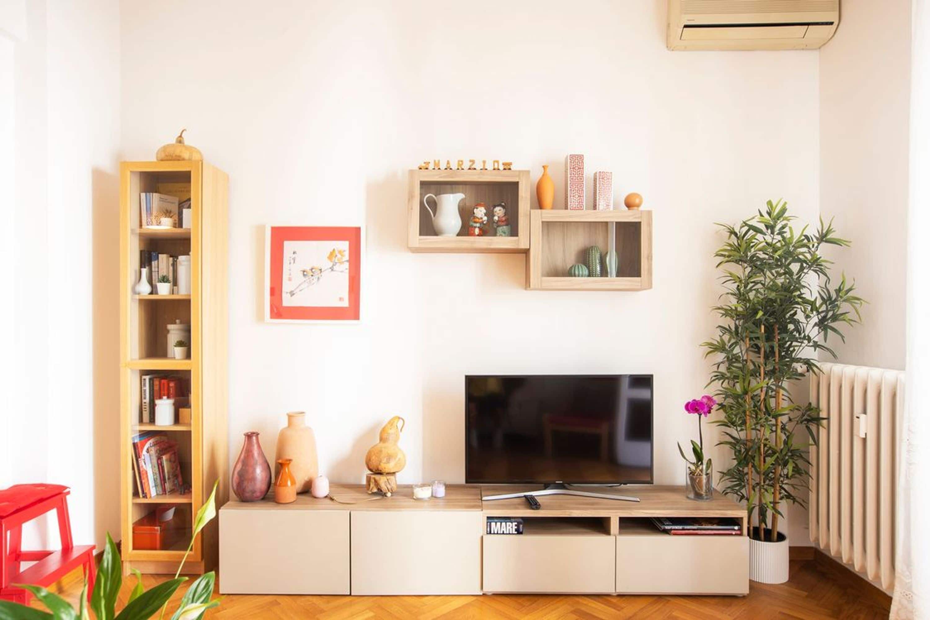 A living room with a TV, wooden shelves, a bookshelf, and a potted plant.