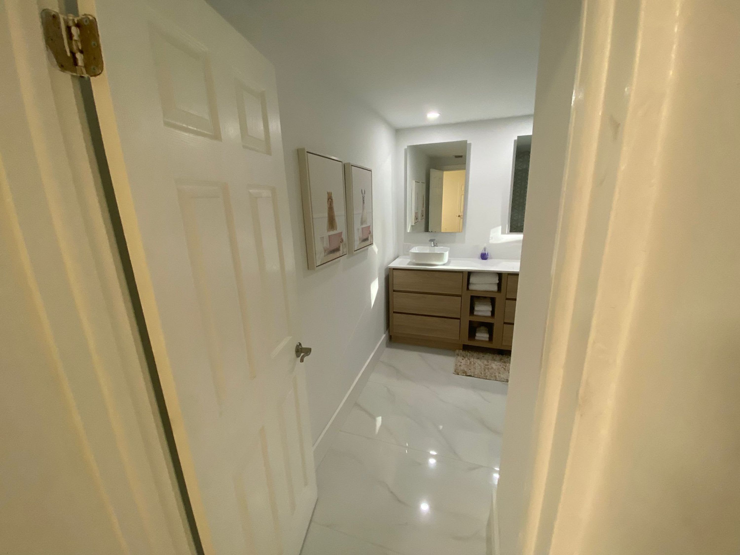 A hallway leading to a bathroom with a white door, a framed picture on the wall, and a vanity with a mirror and sink.