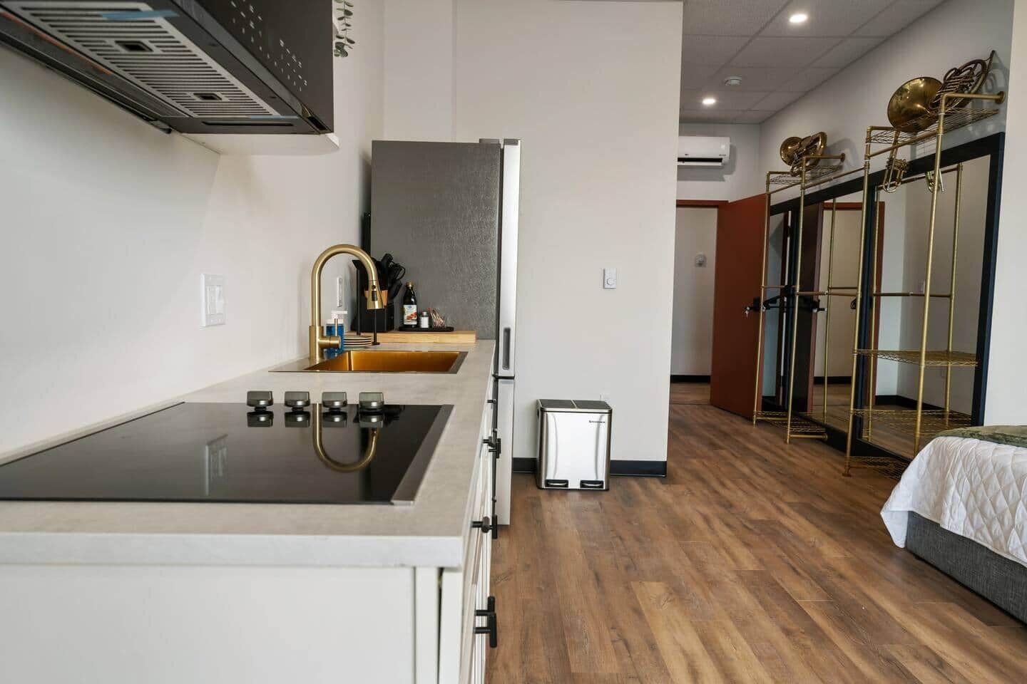 Réfrigérateur, micro-ondes, plaque de cuisson, grille-pain