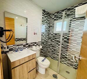 Dusch, hårtork, handdukar och toalettpapper